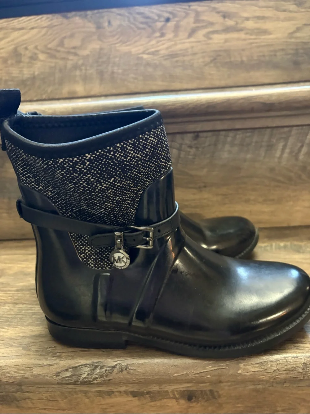 Michael Kors Black Ankle Rain Boots with Glittered Cuff and MK Charm